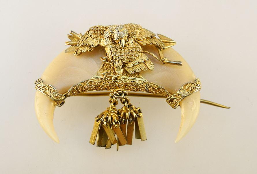 Gilt Metal Double Tiger Claw Eagle Brooch, 1 5/8" Wide. (1 of 2)