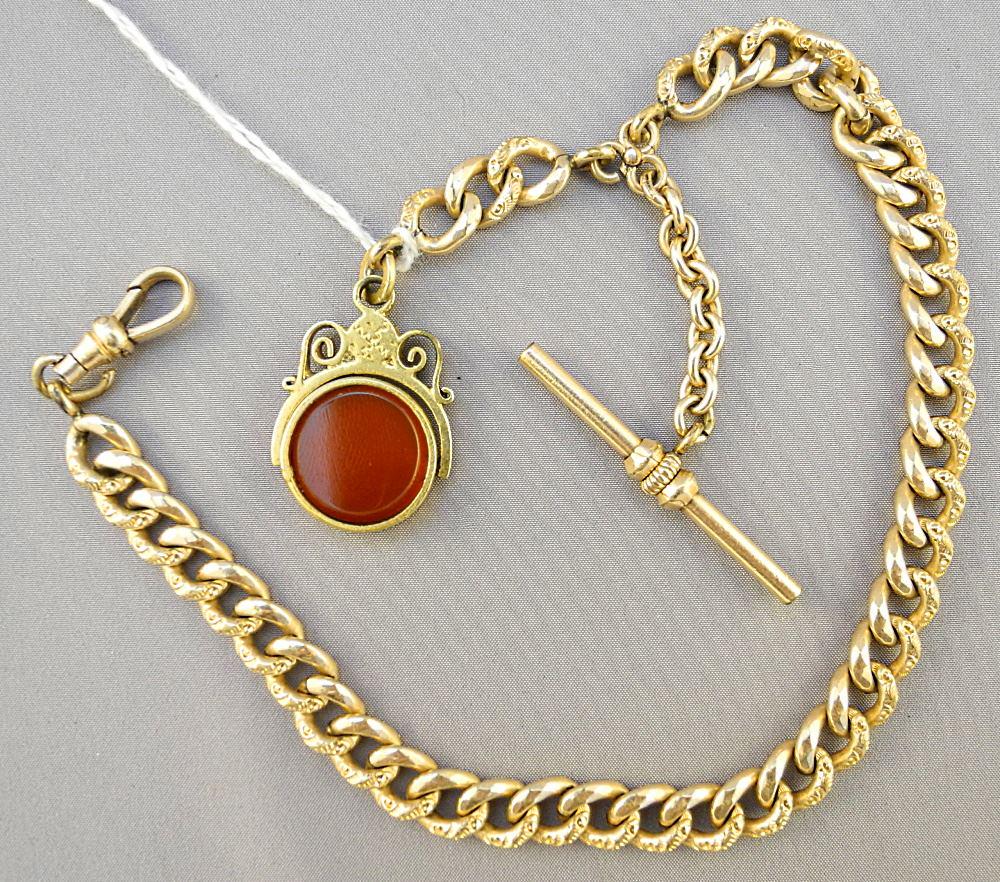 Gold Plate Watch Fob with Agate Seal, 12 1/4" length, Agate Chipped. (1 of 1)