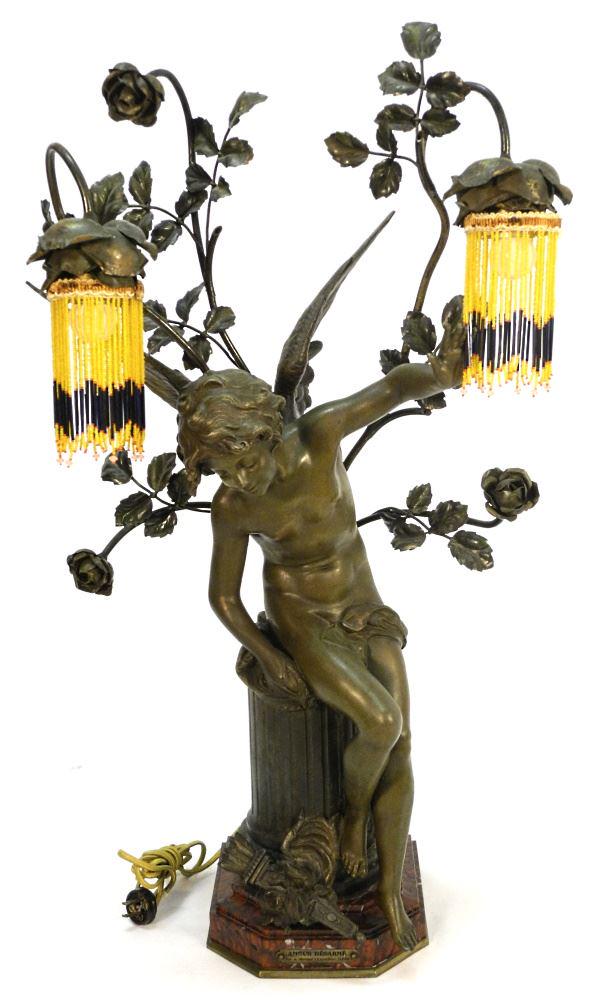 Spelter Figure on Red Marble Plinth Signed A. Moreau, "Amour Desarme", Exposition 1900. (1 of 9)