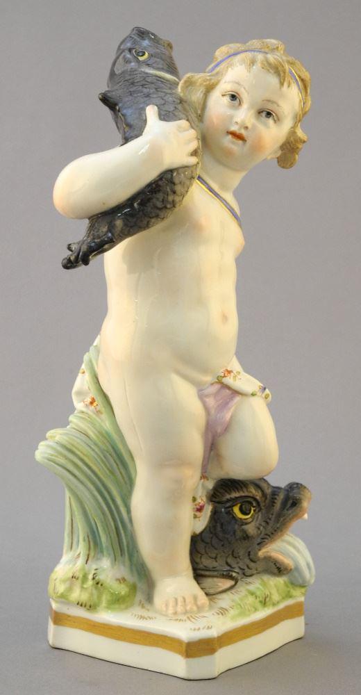Berlin Porcelain Figurine, Putti, Fish & Dolphin, 7 3/4" High, Under- glaze Blue Sceptre Mark. (1 of 6)