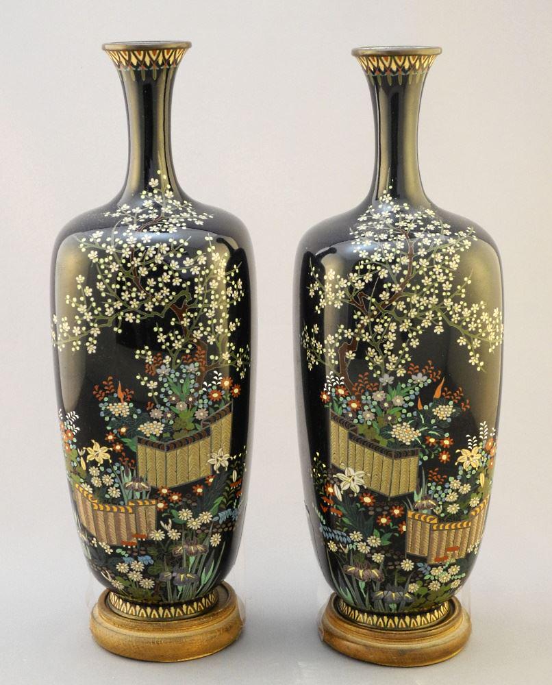 Pair of Aubergine Ground & Floral Japanese Cloisonne Vases with Srands 9 3/4" high. (1 of 6)