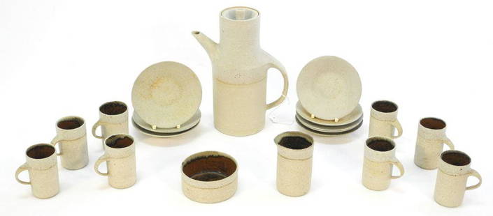 Stoneware Coffee Service Impressed DW (Ruth Duckworth).: Stoneware Coffee Service Impressed DW (Ruth Duckworth).