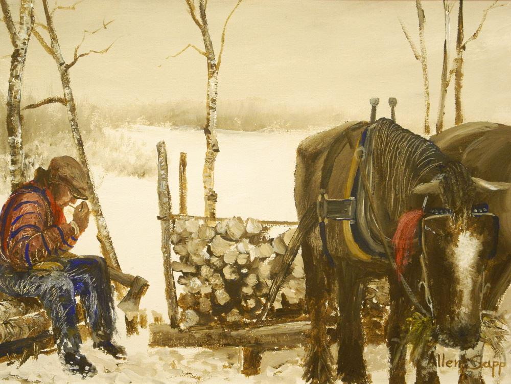Oil on Canvas signed Allen Sapp, 17 1/2" x 23 1/2", "A Break From Cutting Logs". (1 of 11)