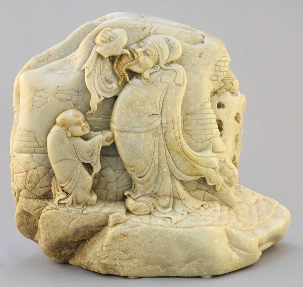 Chinese Soft Stone Boulder Carving of Li Bo & Attendant Child. (1 of 5)