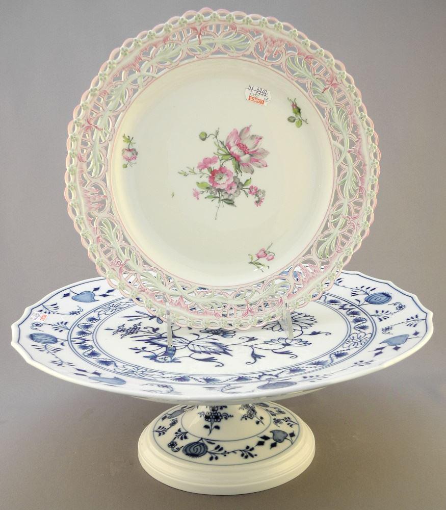 Meissen Porcelain Blue Onion Cake Stand (4 7/8 x 13 1/8") & KPM Reticulated Dish 9 3/4" di (1 of 7)
