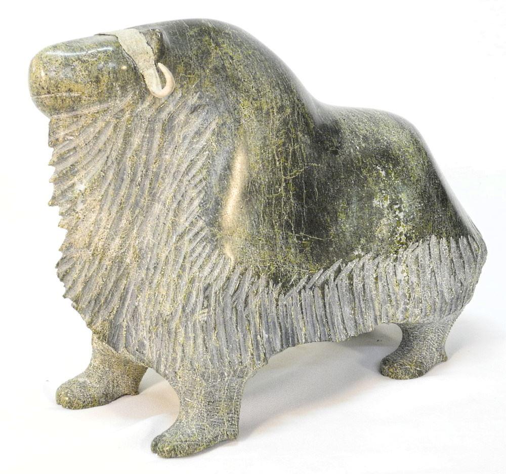 Inuit Stone Musk Ox with Antler Horns, Unsigned, 11 1/4" x 14" x 6 1/2". (1 of 5)