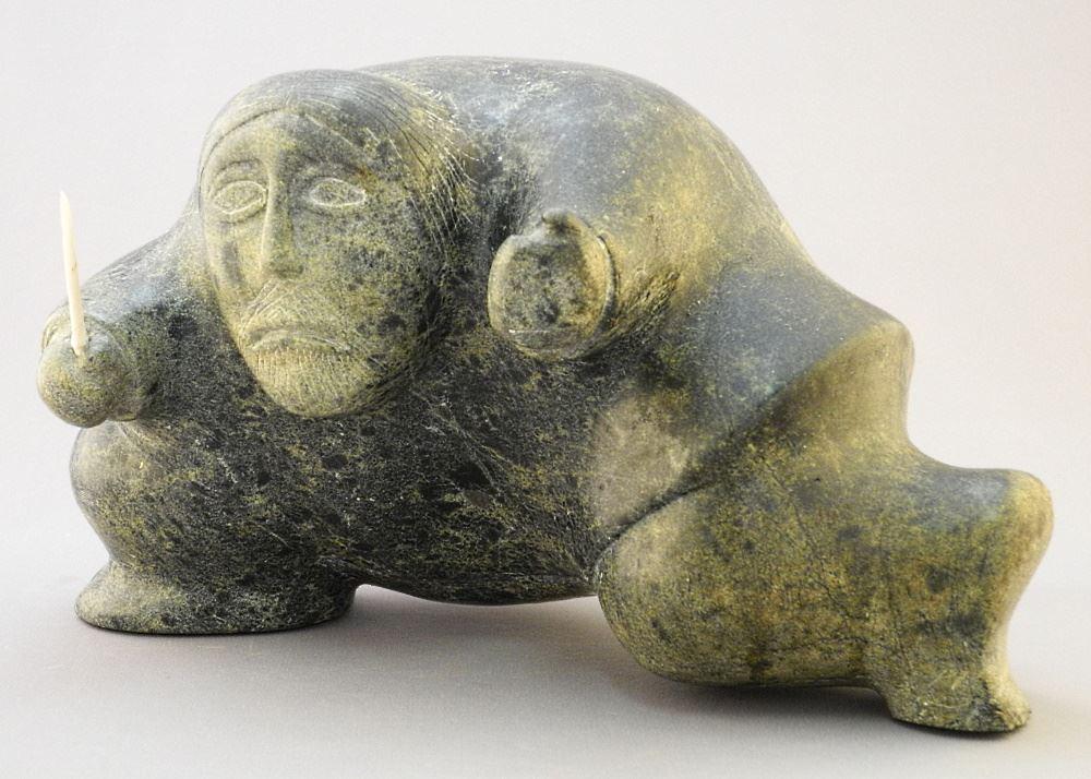 Inuit Stone Carving Signed with Syllabics Nuyaliaq Qimirpik '76, 12" "Hunter" with Marine Ivory (1 of 5)