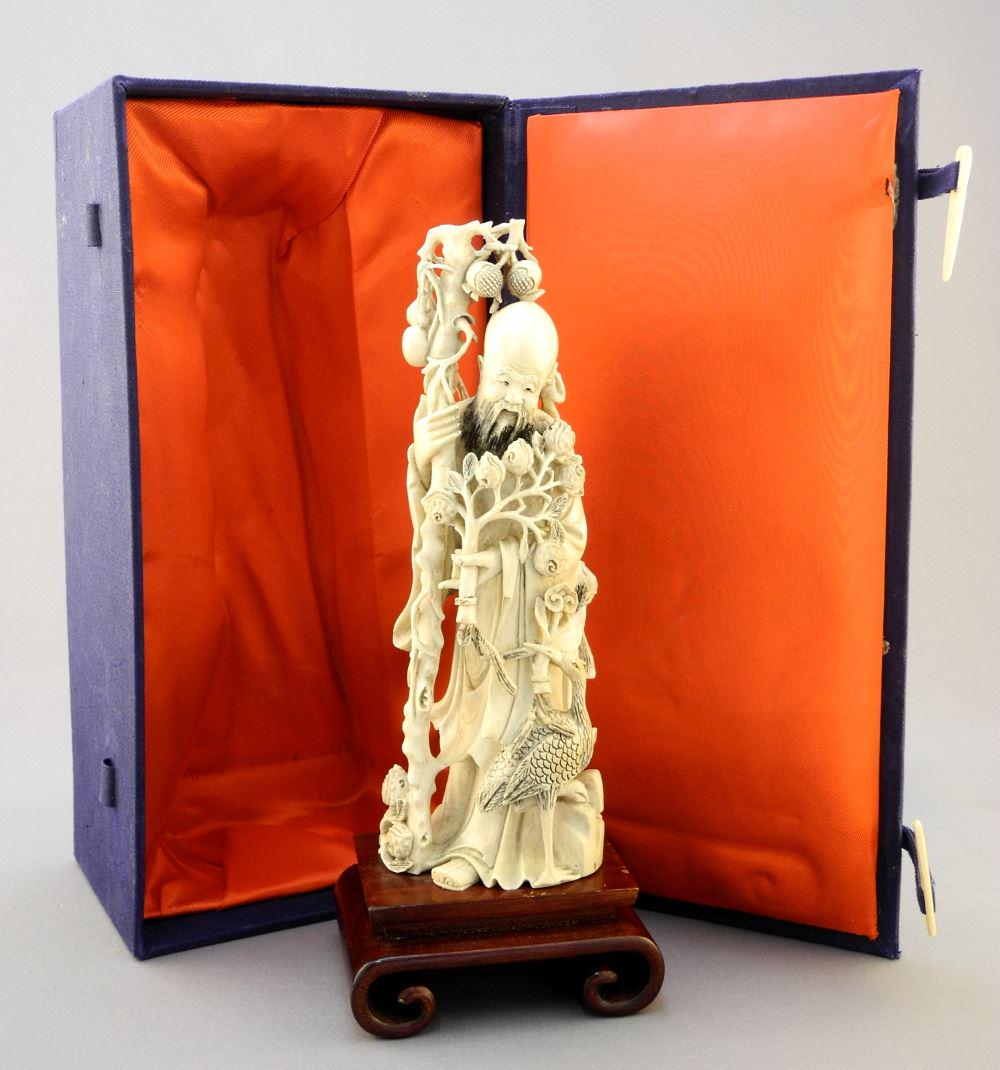 Chinese Carving of Shou Lao on Stand with Case, Figure 8" high, No Export (1 of 6)