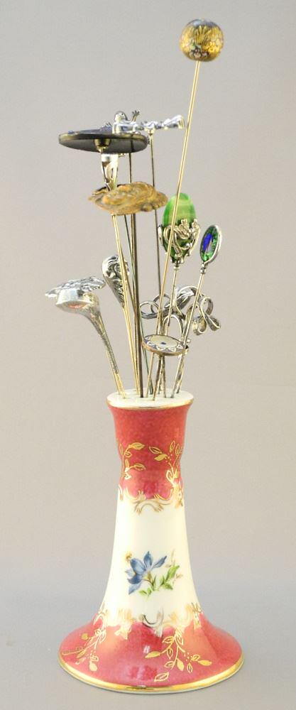 Collection of Various Hat Pins with KPM Porcelain Holder: Silver/ Glass/ Enamel, 5 1/8" High. (1 of 9)