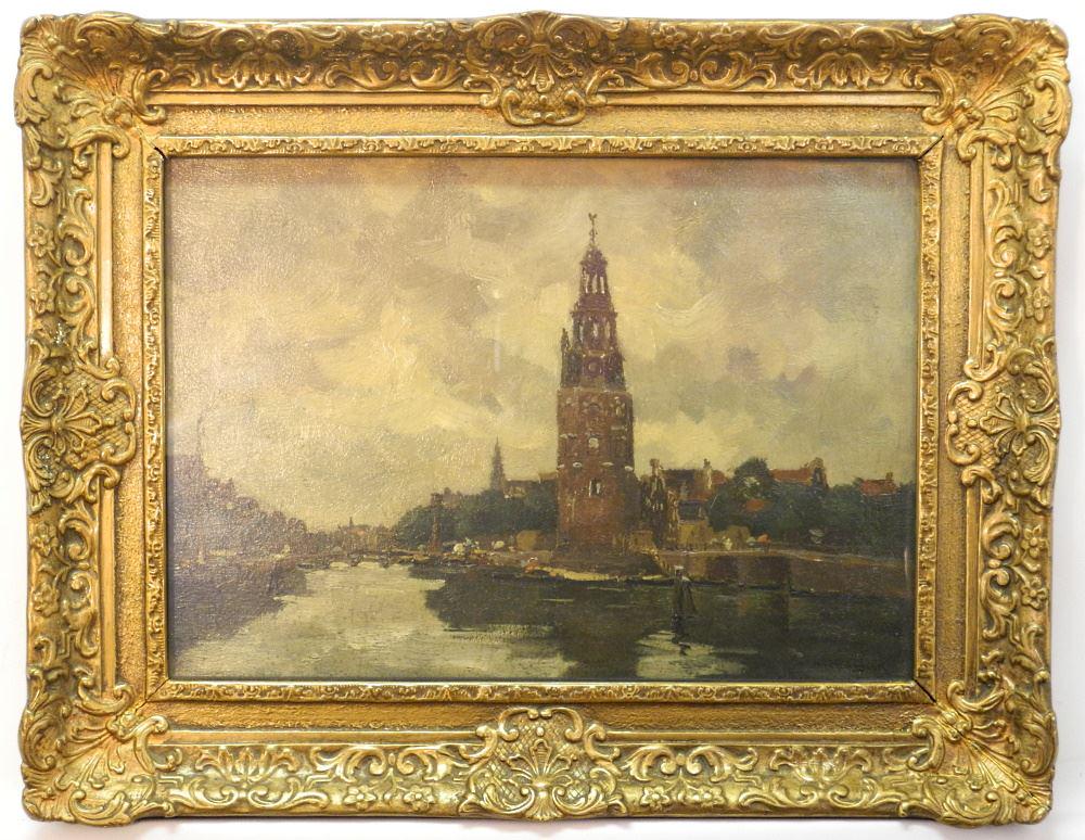 Oil on Canvas signed Bern A.(Bernard Antoine) Van Beek, 14" x 20", "Canal Scene with Spire". (1 of 9)