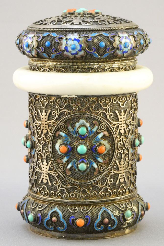Chinese Filigree Silver Enamel Coral & Turquoise Covered Jar with Jade Bangle, 4 5/8", Marked. (1 of 5)