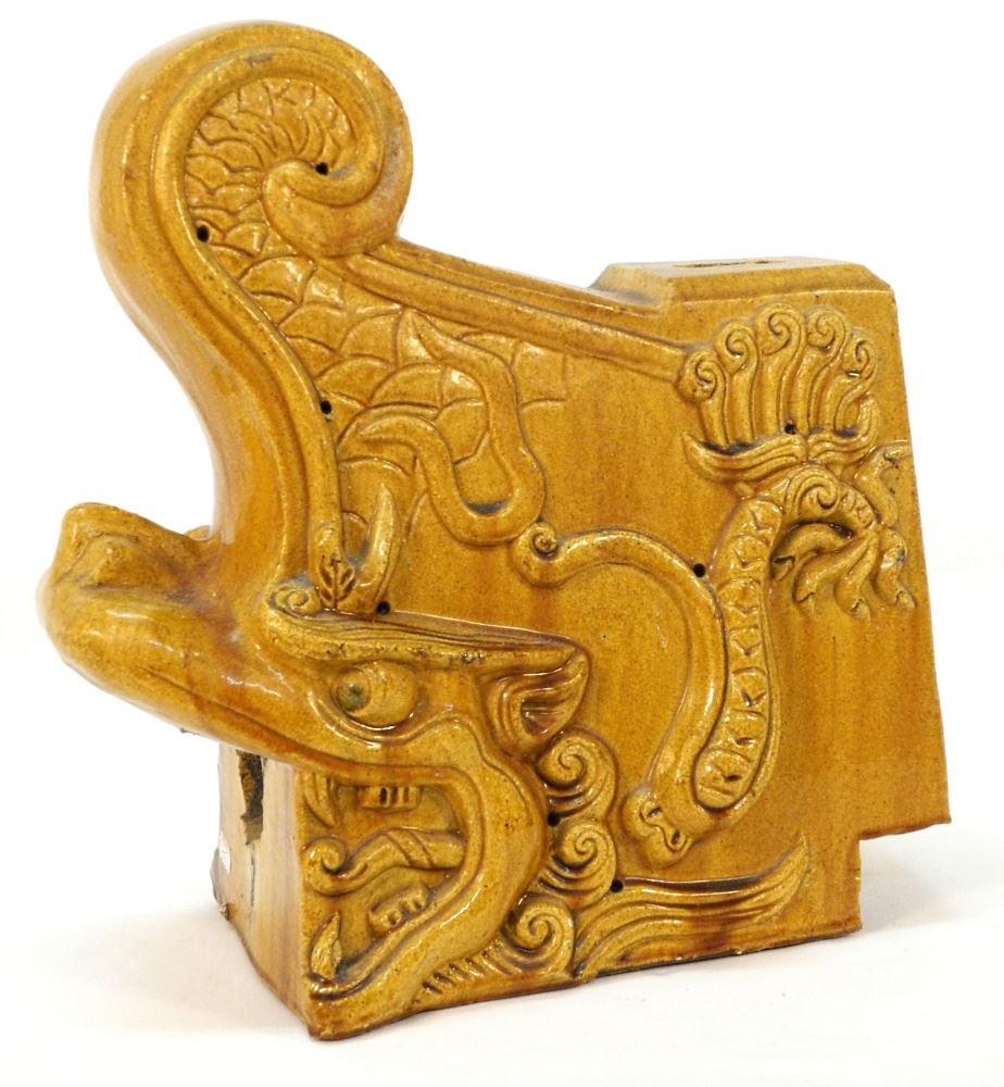 Yellow Glaze Chinese "Dragon" Roof Tile, 14 1/2" length. (1 of 2)