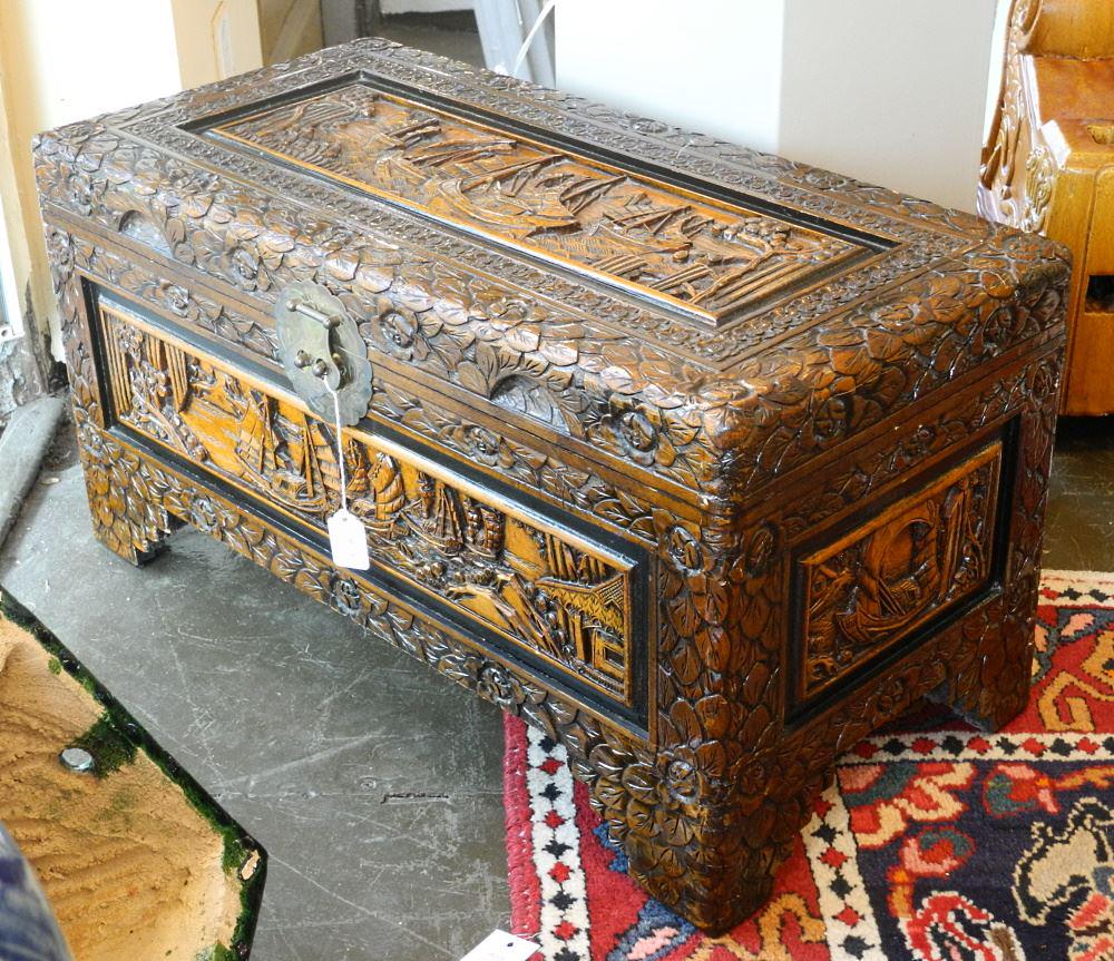 Deep Carved Camphor Wood Chest, 14 1/4" x 27 1/2" x 13 1/2".: Deep Carved Camphor Wood Chest, 14 1/4" x 27 1/2" x 13 1/2".
