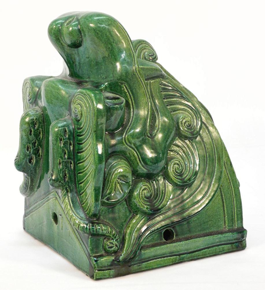 Green Glaze Chinese "Dragon Head" Roof Tile, 13 1/2" length.: Green Glaze Chinese "Dragon Head" Roof Tile, 13 1/2" length.