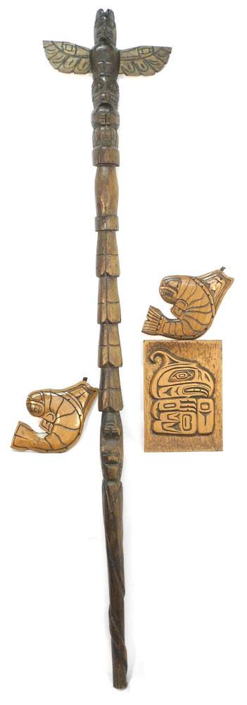 Collection of Northwest Coast Items: Talking Stick & 3 Carvings. (1 of 4)