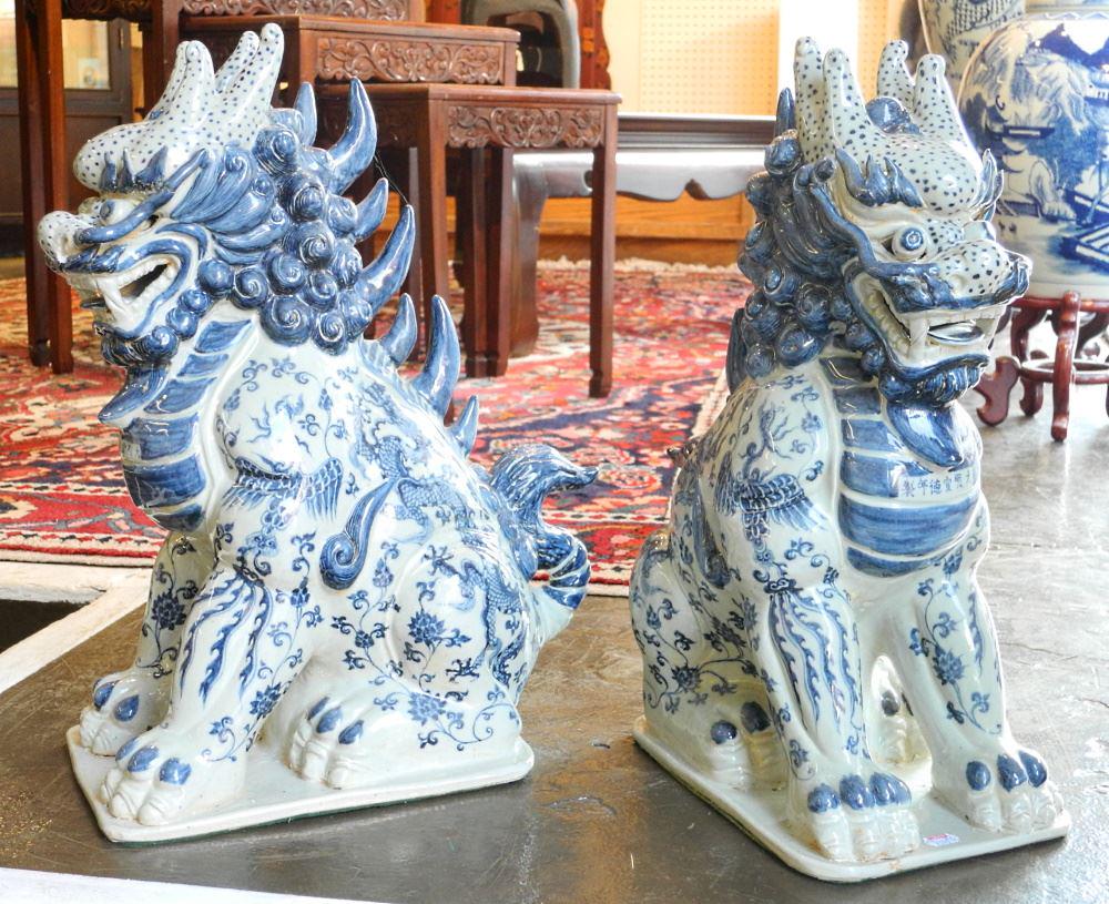 Pair of Chinese Blue & White Porcelain Buddhist Lion Dogs, 17 1/4" High.: Pair of Chinese Blue & White Porcelain Buddhist Lion Dogs, 17 1/4" High.