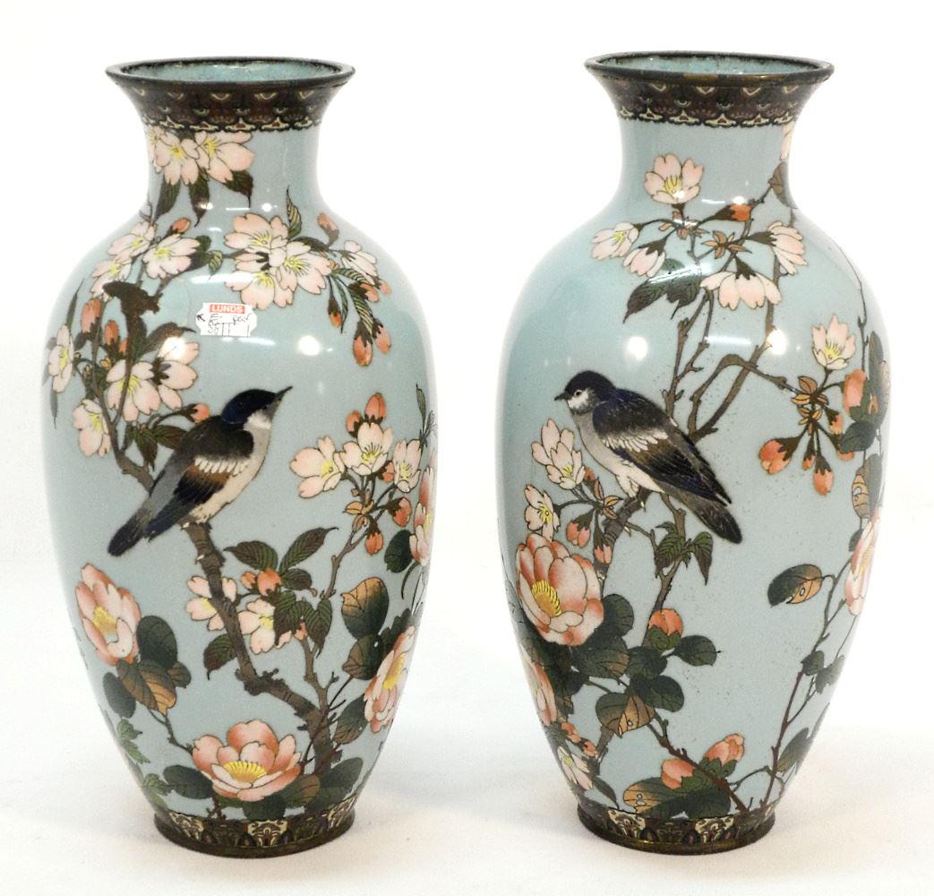 Pair of Japanese Cloisonne Vases, Blue Ground with Birds & Blossoms, 11 3/4", Fracture Noted. (1 of 3)