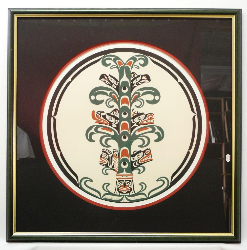 Kwagiulth Serigraph signed Tom Hunt, 18 3/4" diameter, "Henderson Family Tree", 150/200. (1 of 3)