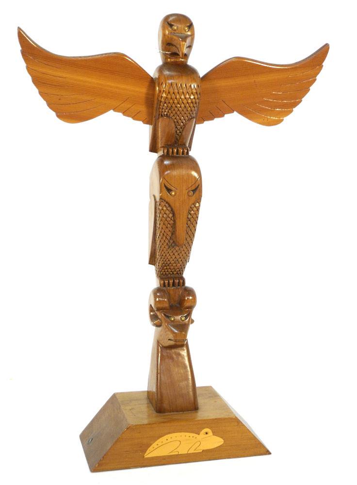 Miniature Northwest Coast-Style Totem Pole signed R. Wray 1974 MRCC, 27 1/2" high.: Miniature Northwest Coast-Style Totem Pole signed R. Wray 1974 MRCC, 27 1/2" high.