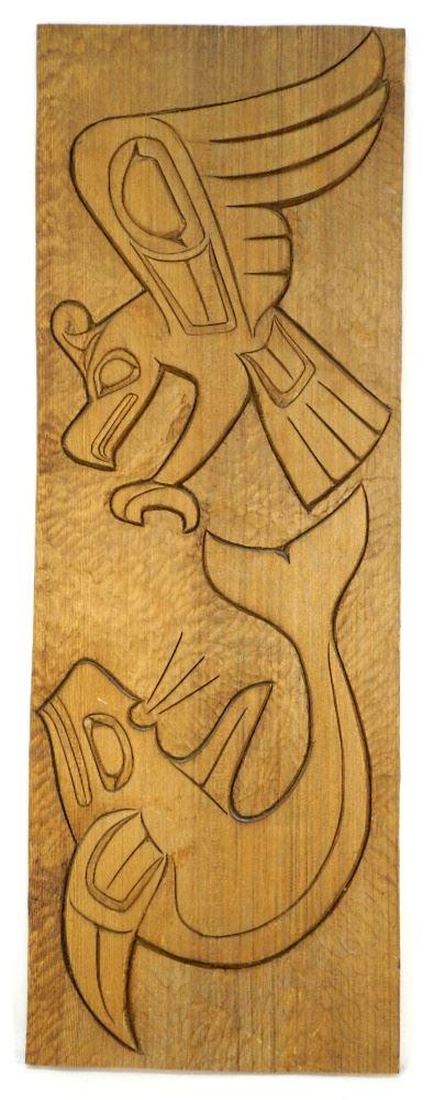 Carved Cedar Panel signed Doug La Fortune, 35 1/4" x 12 5/8", Thunderbird vs. Killerwhal (1 of 2)