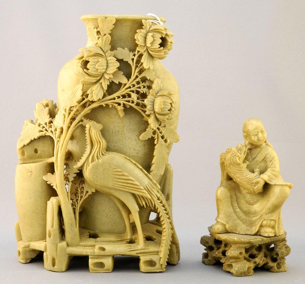 2 Chinese Soft Stone Carvings, Tallest 8 3/4". (1 of 2)