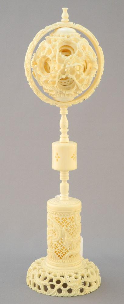 Carved Puzzle Ball on Stand, 11" High. (1 of 2)