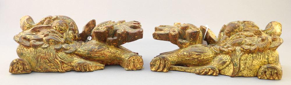 Pair of Peranakan Chinese Gilt Scarlet Lacquer Buddhist Lion Dogs, 7 1/2" wide. (1 of 1)