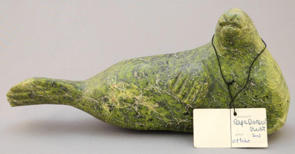 Inuit Green Stone Walrus, Attributed to Ottohe, 11 3/4" Length.: Inuit Green Stone Walrus, Attributed to Ottohe, 11 3/4" Length.