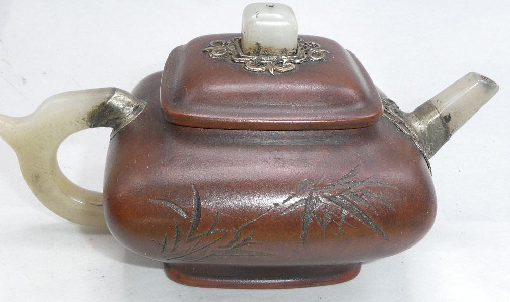 Jade Inset Calligraphy Yixing Clay Teapot, Stamped Ch'en Ming-yuan, 6 3/4" Length, 20th C. (1 of 6)