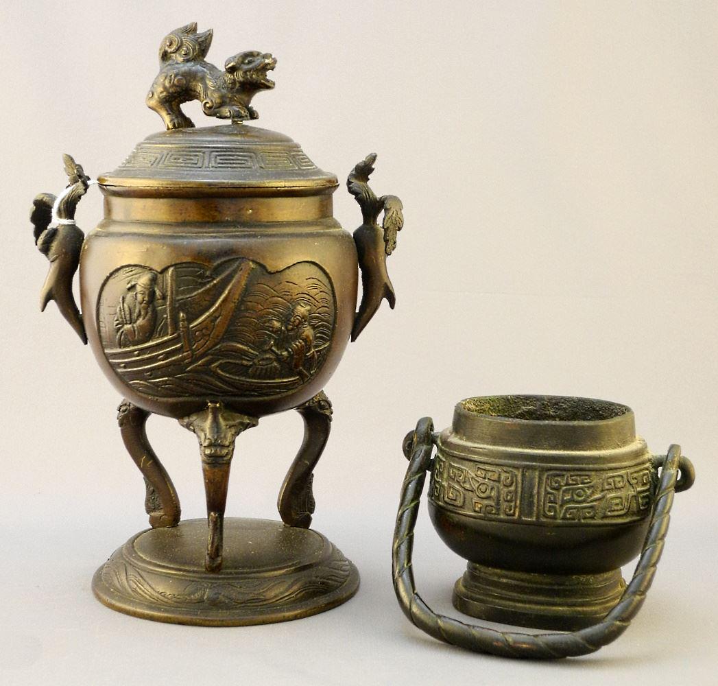 Asian Cast Bronze Brazier & Handled Basin, Condition Noted, 8" High. (1 of 1)
