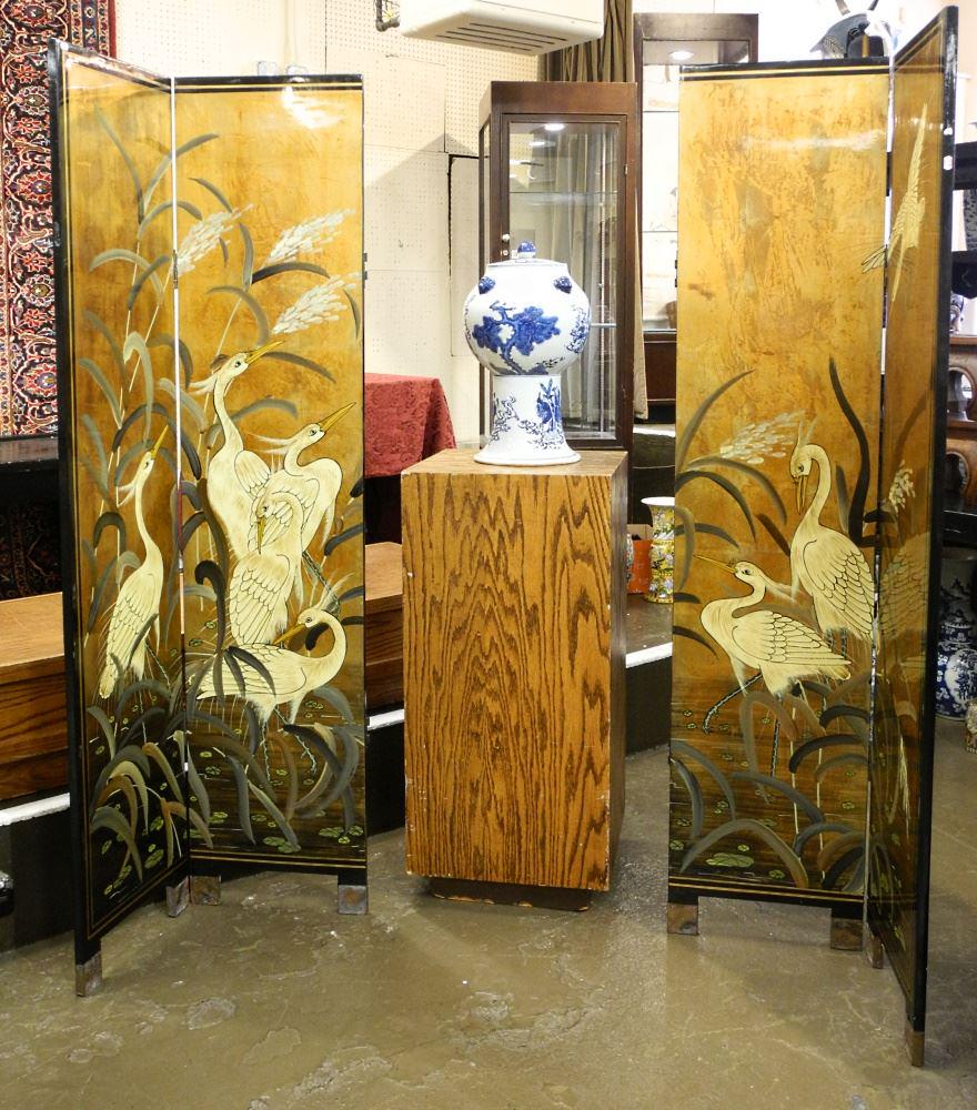 4 Panel Lacquer "Cranes" Screen, 72" high. (1 of 3)