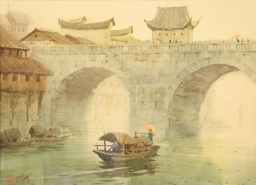 Watercolour Signed X.M.(Xiang Ming) Zeng, 14 3/4" x 20 1/4", "Old Canton Ming".: Watercolour Signed X.M.(Xiang Ming) Zeng, 14 3/4" x 20 1/4", "Old Canton Ming".