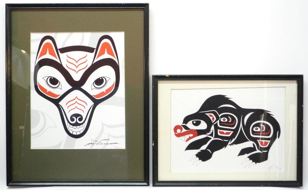 2 Northwest Coast Prints, Largest 12 1/4" x 10", "Wolf" & "Bears". (1 of 3)