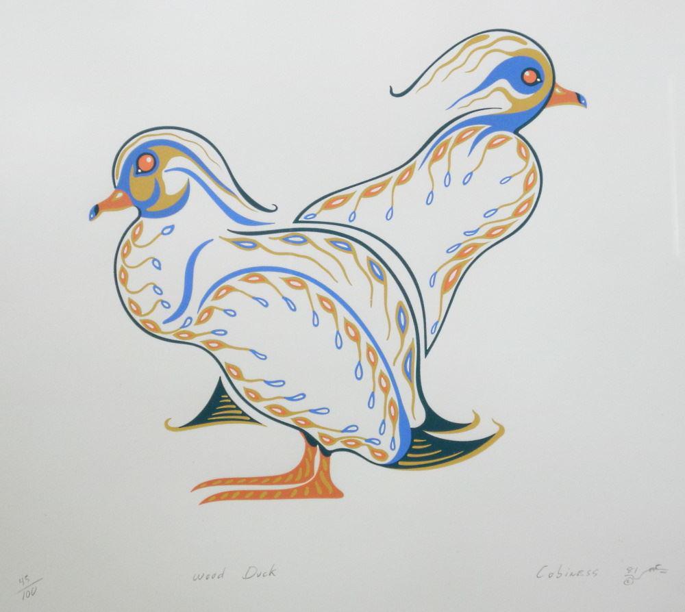Ojibway Serigraph Signed (Eddy) Cobiness, 17 7/8" x 20 3/4", "Wood Duck". (1 of 3)