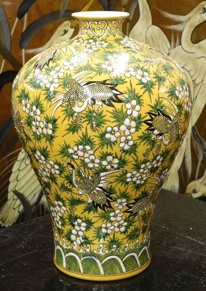 Chinese Yellow Ground Enamelled Crane Vase, 13 1/2" High. (1 of 2)