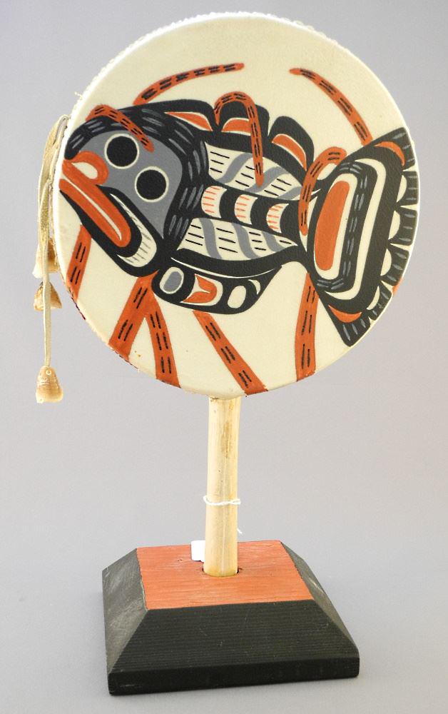 Painted Hide Deer Hoof Rattle Monogrammed EH, with Stand, 13 1/4" x 8" x 1 1/4". (1 of 3)