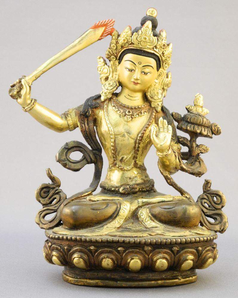 Gilt Metal Tibetan Figure of Manjushri, 20th Century, 5 3/4". (1 of 3)
