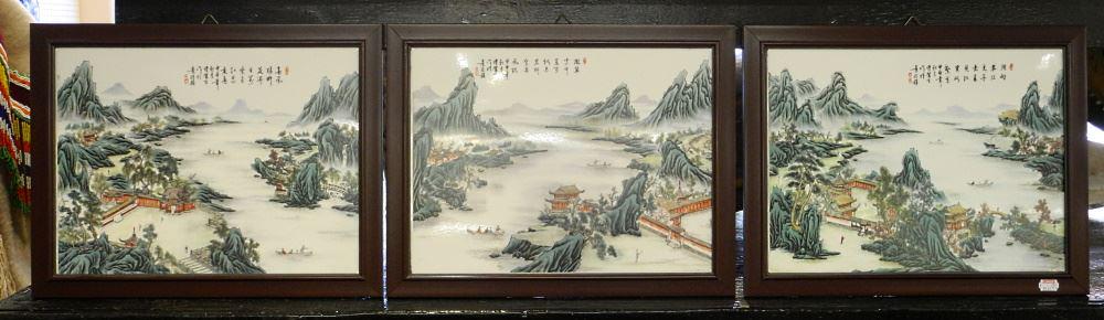 3 Polychrome Chinese Porcelain Panels, 9 1/2" x 12 3/4". (1 of 2)