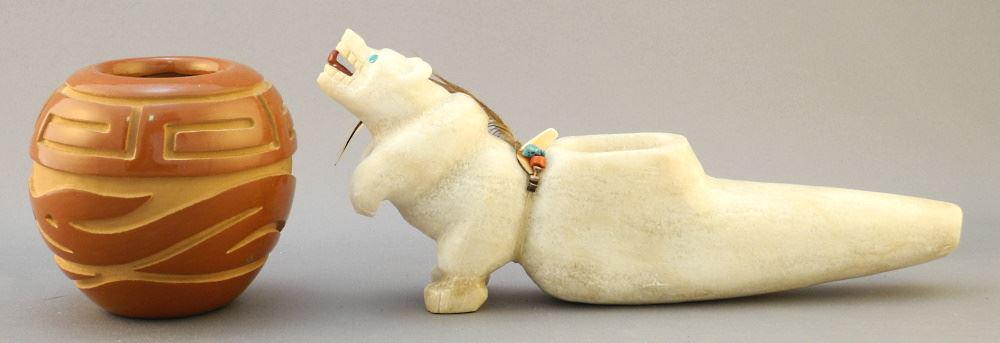 Santa Clara Pueblo Pot signed Ethel Vigil & a Zuni Bear Pipe, 7 1/2" & 2 3/4". (1 of 2)