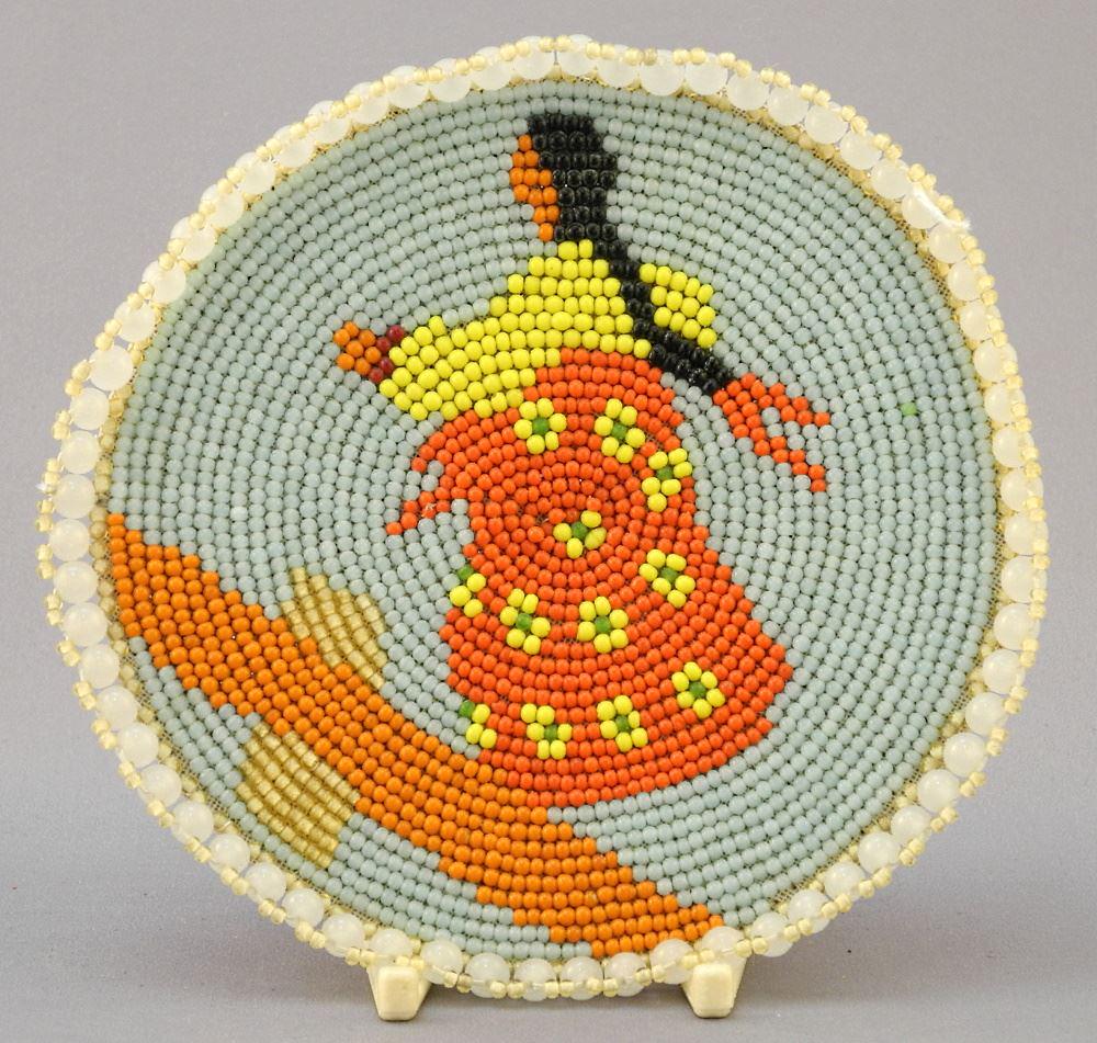 Beadwork Roundel "Ribbon Skirt", 5 3/8" Diameter, Unsigned.: Beadwork Roundel "Ribbon Skirt", 5 3/8" Diameter, Unsigned.