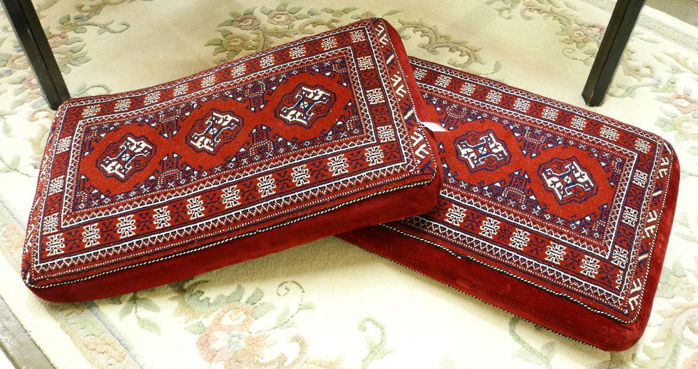 2 Hand Knotted Mats Mounted as Floor Cushions, 39" Length.: 2 Hand Knotted Mats Mounted as Floor Cushions, 39" Length.