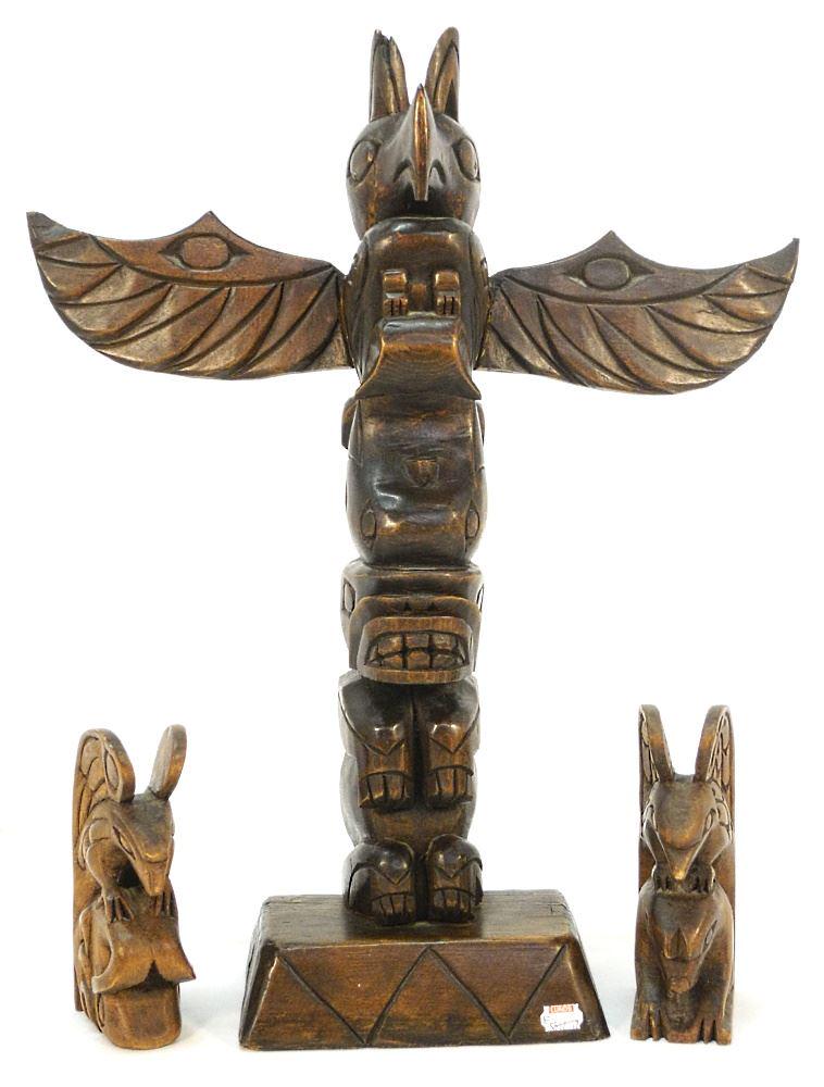 North West Coast Model Totem Pole (10 1/2") & a Pair of Charlie Michey Carvings, 6 1/2". (1 of 3)