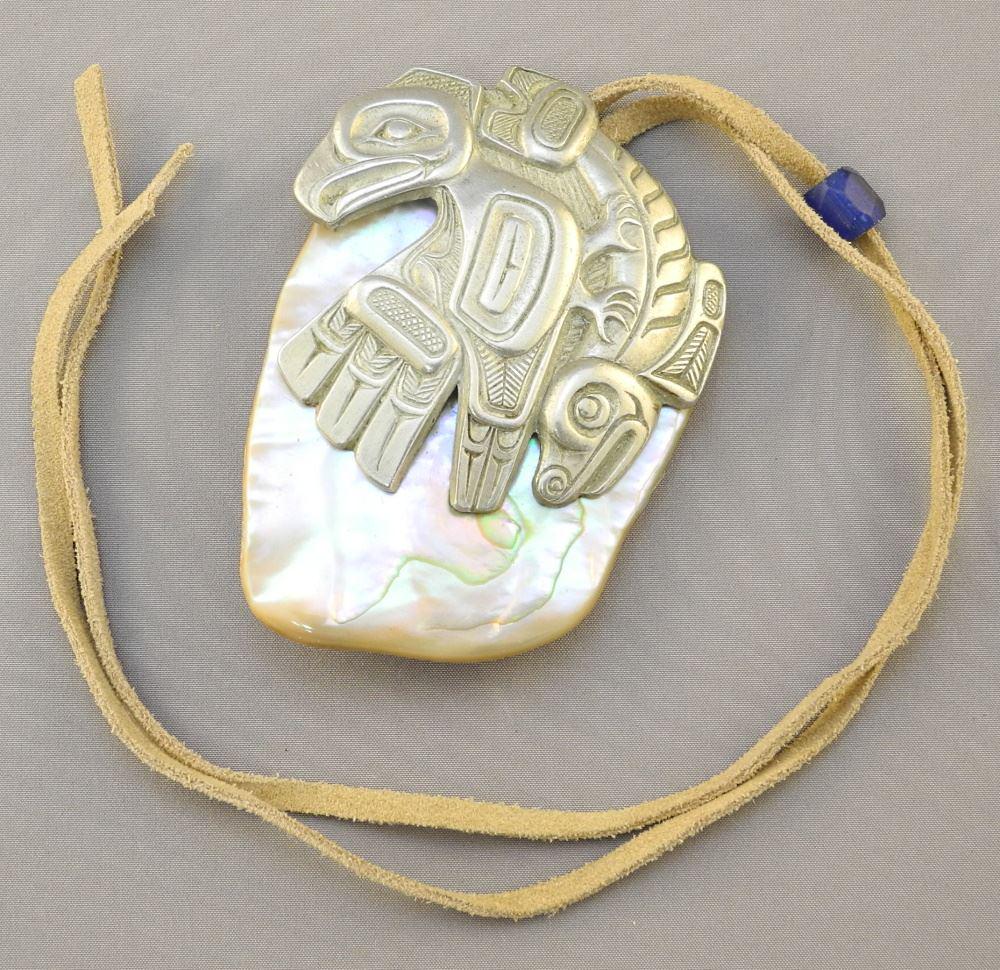 Northwest Coast Designed Pewter and Abalone Pendant, 3".: Northwest Coast Designed Pewter and Abalone Pendant, 3".