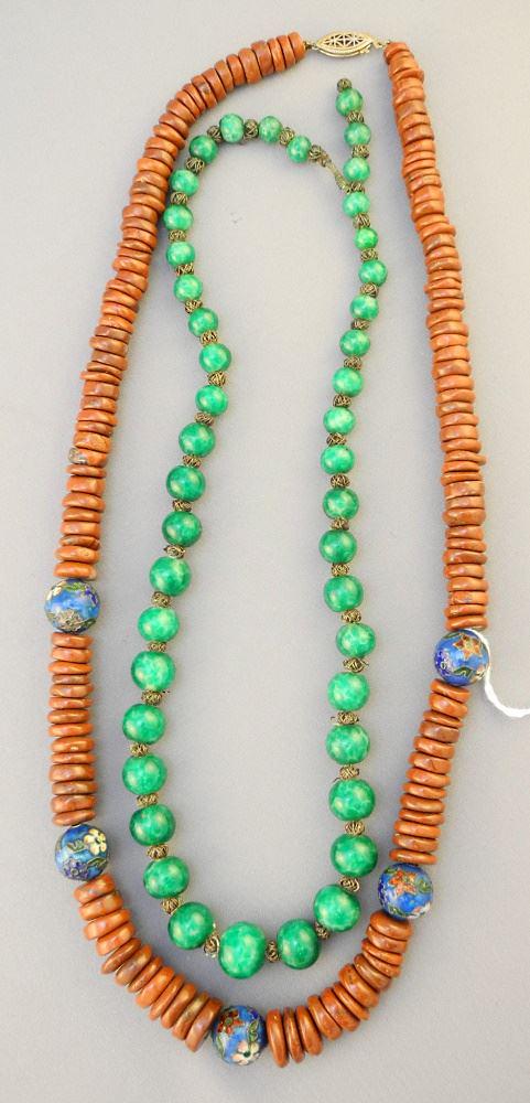 2 Chinese Necklaces: Peking Glass Bead & Cloisonne Bead & Jasper Bead, 20" & 22 1/2". (1 of 1)
