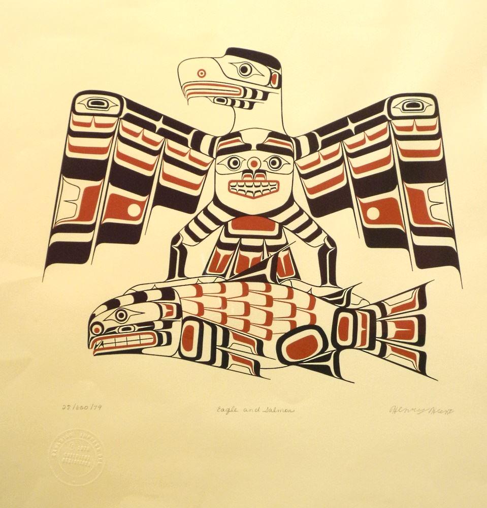 Kwagiulth Serigraph Signed Henry Hunt, 22 7/8" x 33 3/8", "Eagle & Salmon", 28/600/79. (1 of 4)