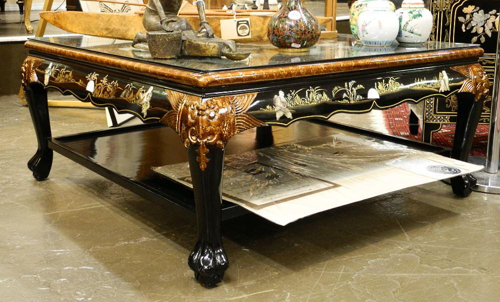 Chinese Black Lacquer & Coromandel Low Table with Glass Top. (1 of 2)