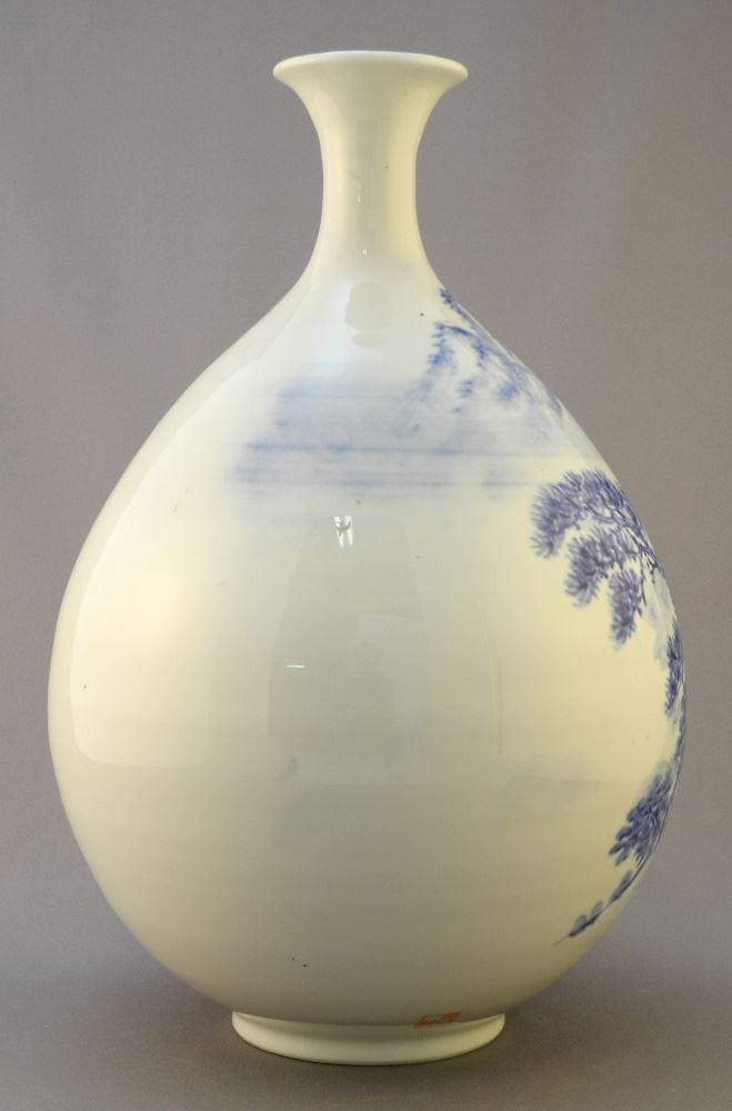 Contemporary Blue & White Porcelain Bottle, Signed Lower Left, 11 1/8".: Contemporary Blue & White Porcelain Bottle, Signed Lower Left, 11 1/8".