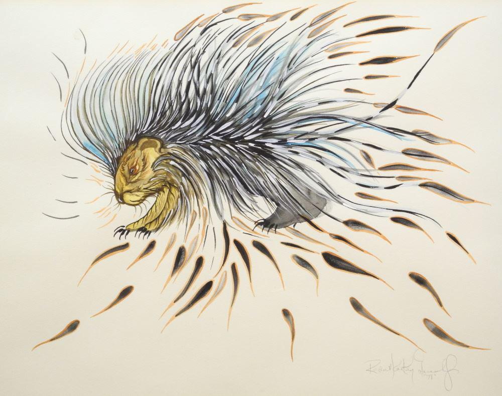 Watercolour Signed Robert Kakaygeesick, 17 1/2" x 23 1/4", - Untitled - Porcupine. (1 of 5)