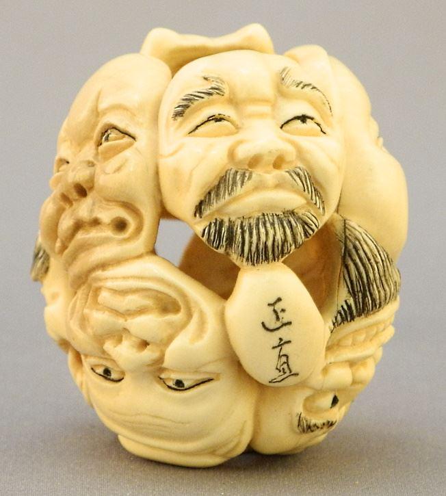 Japanese "8 Mask" Netsuke, Signed, 1 1/2" High, No Export. (1 of 4)