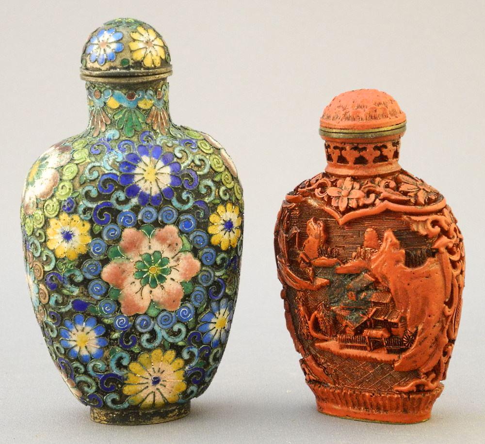 Chinese Cloisonne Snuff Bottle & a Cinnabar Snuff Bottle, 3 3/4" high. (1 of 3)